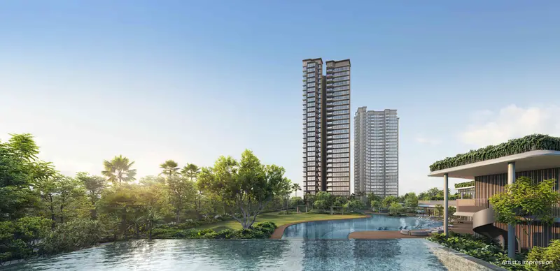Thomson Reserve 50m Infinity Lap Pool at the Island Club, looking towards the residential towers